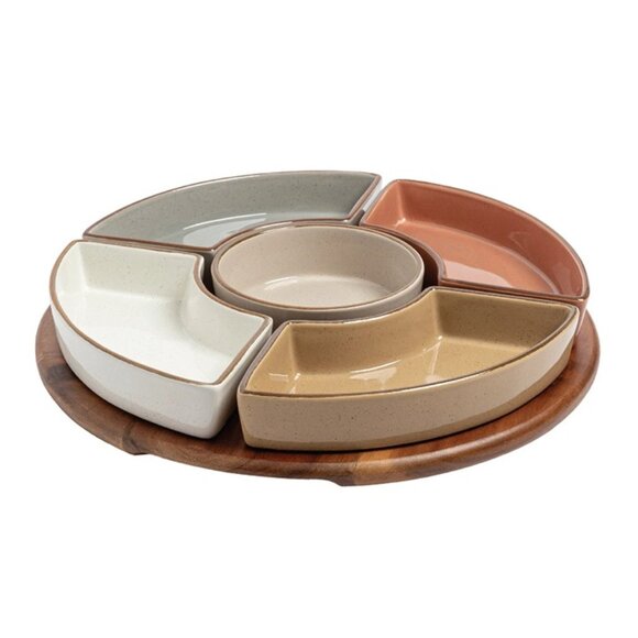 over&back Options Lazy Susan, 6-piece Stoneware and Acacia Wood Serverware - Picture 2 of 6